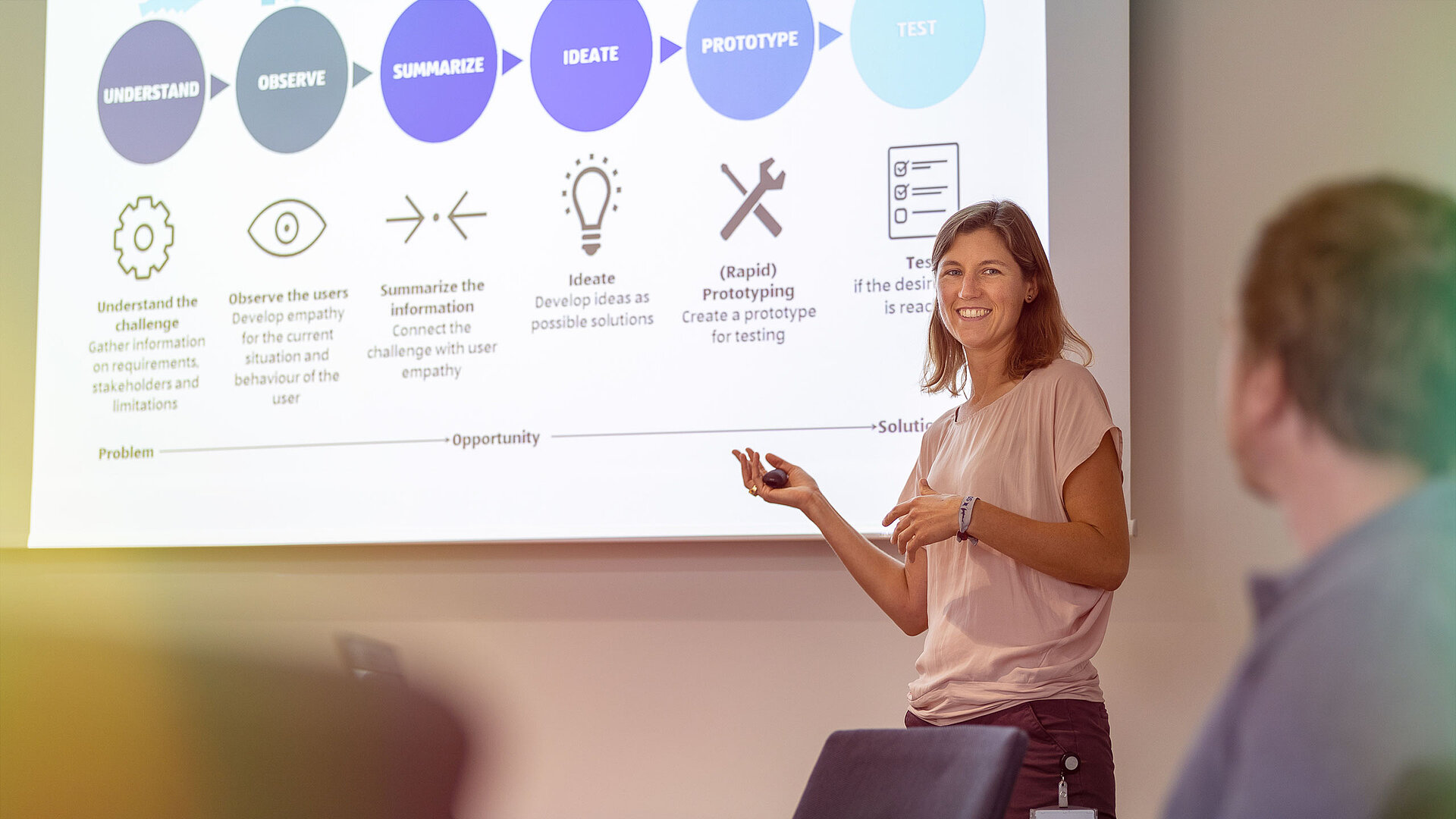 A woman giving a presentation to a group of people.